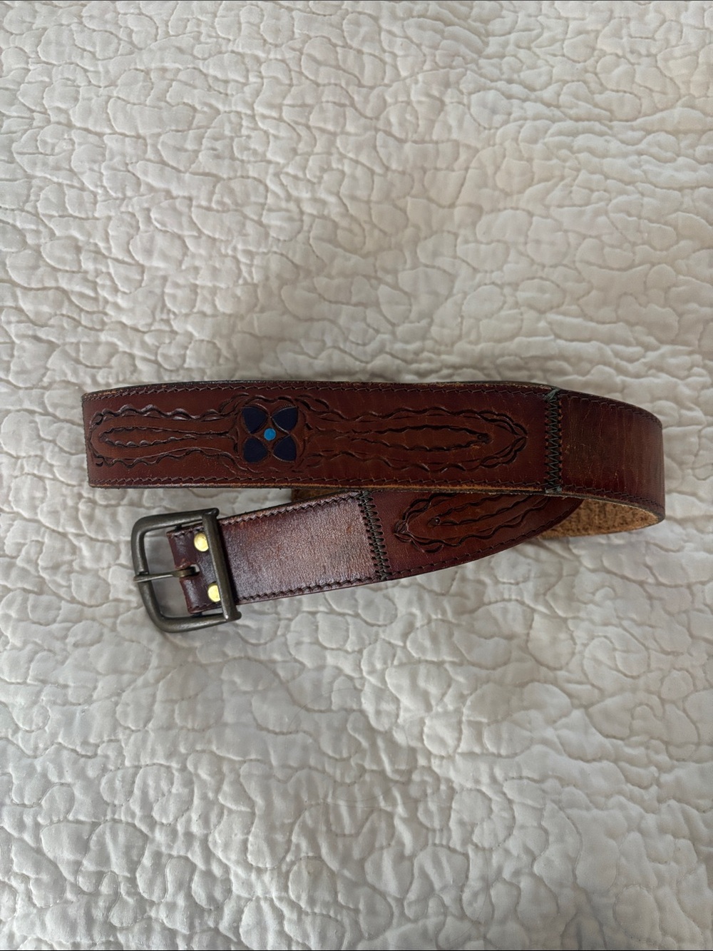 Vintage Leather Hand Stained Tooled Rugged Distressed Blue Floral Belt Womens 30